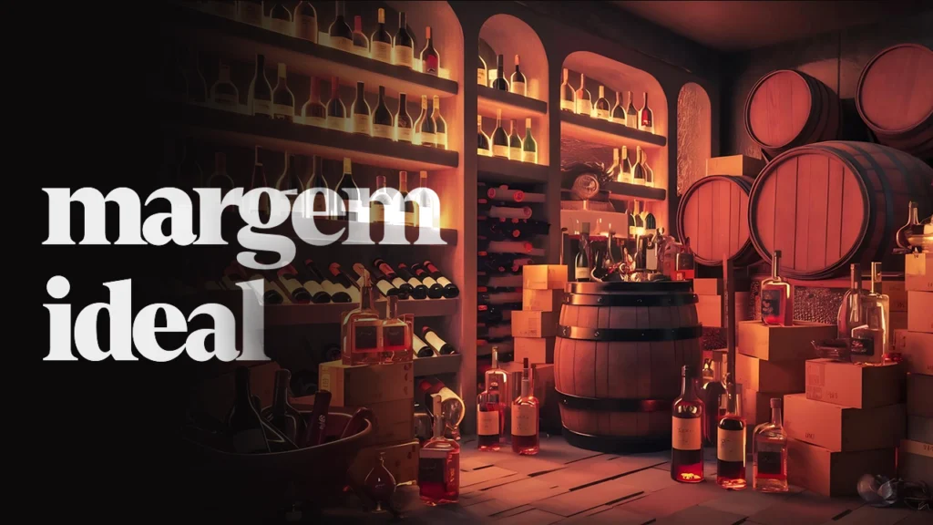 Adega de vinhos com garrafas, barris e caixas, ilustrando a gestão de margem e rentabilidade em uma loja de vinhos.