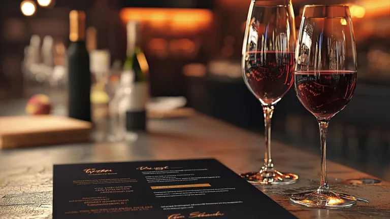 Carta de vinhos sobre a mesa de um restaurante ao lado de duas taças de vinho tinto.