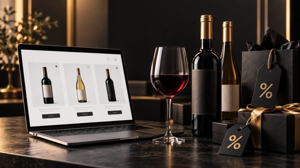 Notebook com loja virtual de vinhos, garrafas, taça e etiquetas de desconto para Black Friday.