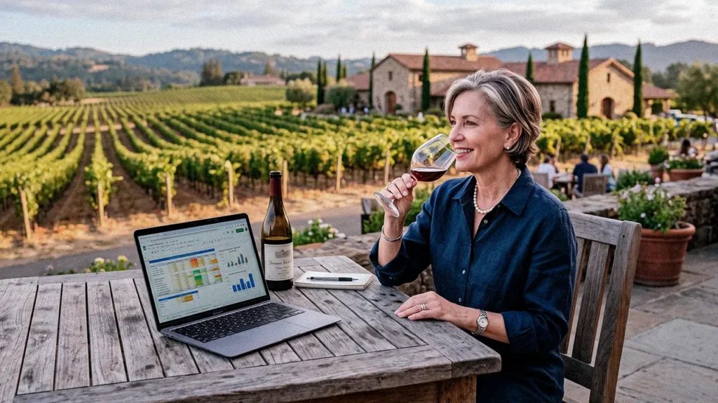 Mulher empresária do setor de vinhos analisando indicadores em um notebook diante de um vinhedo. como sair do operacional da empresa