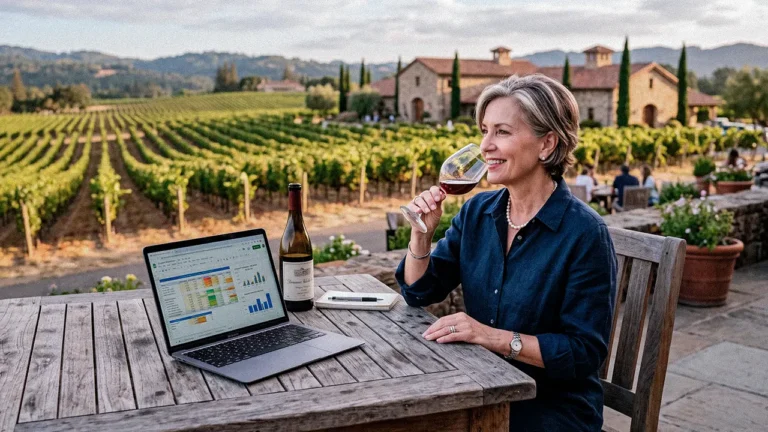Mulher empresária do setor de vinhos analisando indicadores em um notebook diante de um vinhedo. como sair do operacional da empresa
