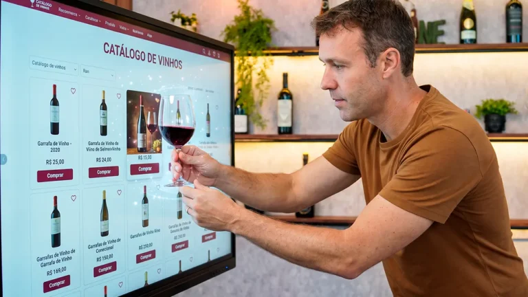 Notebook com loja virtual de vinhos, gráficos de vendas e integração com clientes.